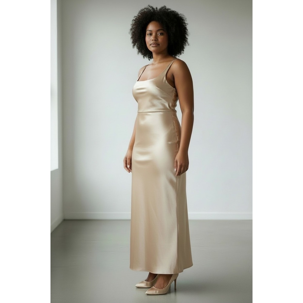 Jenny Yoo‎ Champagne Gold Satin Square Neck Maxi Bridesmaid Dress 18 Formal Gown